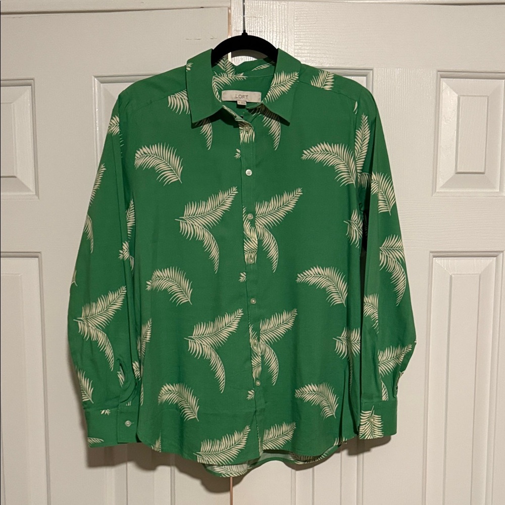 LOFT Green Palm Print Blouse